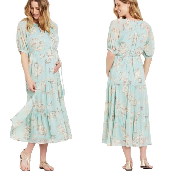Motherhood Floral Tiered Midi Dress, Mint Green, M - Picture 1 of 11